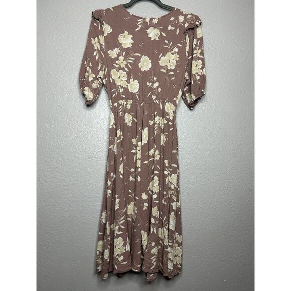 Calista Mauve Cream Floral Midi Dress Pockets Ruffle Detail FeminineSize Medium - Picture 2 of 8